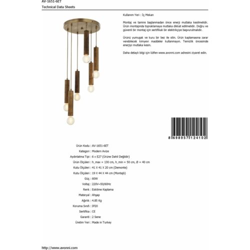 AVONNI AV-1651-6ET Eskitme Kaplama Modern Avize E27 Ahşap 40cm - Görsel 3