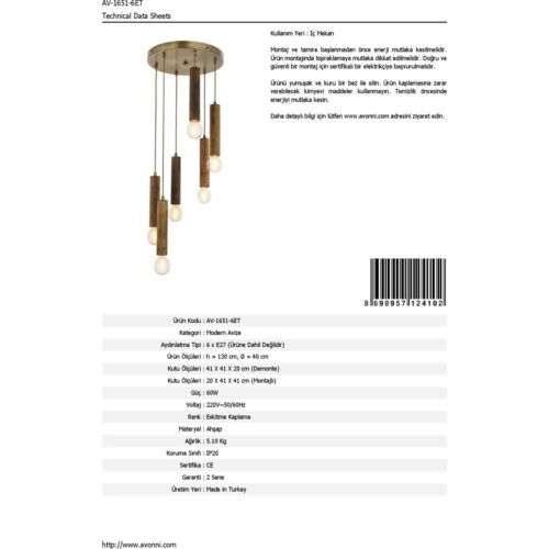AVONNI AV-1651-6ET Eskitme Kaplama Modern Avize E27 Ahşap 40cm - Görsel 8