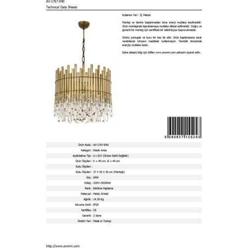 AVONNI AV-60162-E40 Eskitme Kaplama Klasik Avize E27 Metal Kristal 40cm - Görsel 4