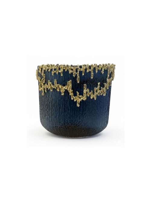 Lumienza Lüks Tasarım Cam Vazo Mavi 33x31 cm - Gold İşlemeli Şık Ev Hediyesi Dekoratif Obje