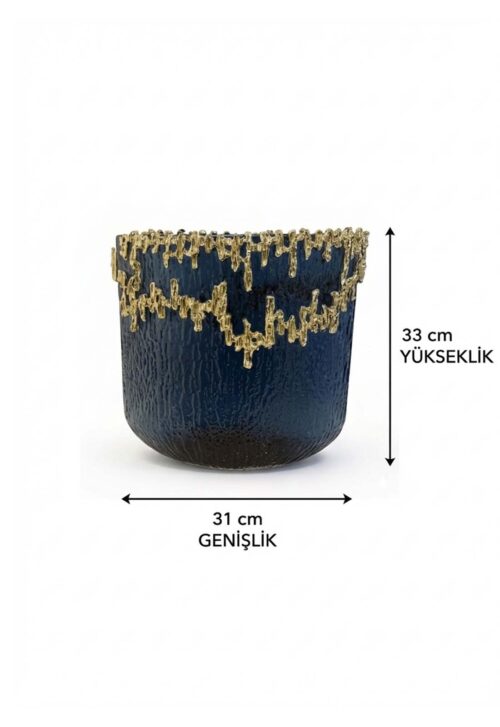 Lumienza Lüks Tasarım Cam Vazo Mavi 33x31 cm - Gold İşlemeli Şık Ev Hediyesi Dekoratif Obje - Görsel 2